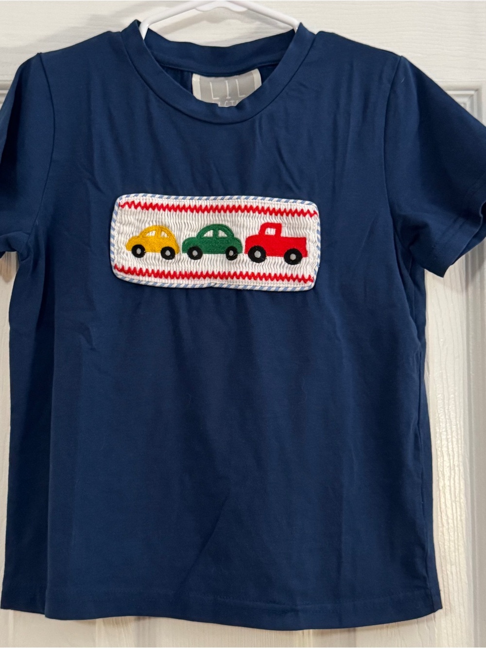 Lil Cactus Baby Boy Navy Short Sleeve Tee with Smocked Multicolored Car Appliqué